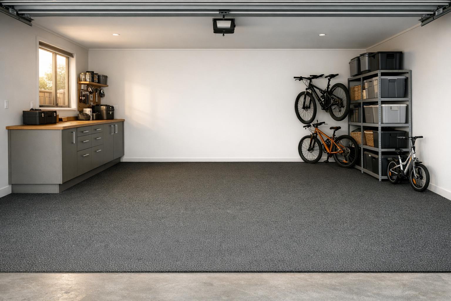 Charcoal garage carpet laid wall to wall in a tidy Christchurch double garage